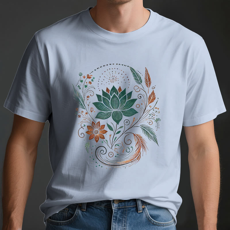 Olivenorma Lotus Flowers & Leafs Cotton Yoga T-Shirt - image 4
