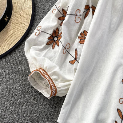 Olivenorma Bohemia Embroidered Lantern Sleeve Women's Shirt