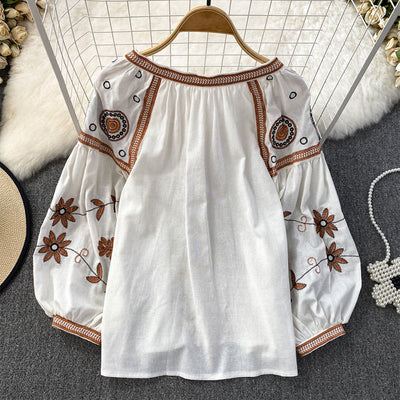 Olivenorma Bohemia Embroidered Lantern Sleeve Women's Shirt