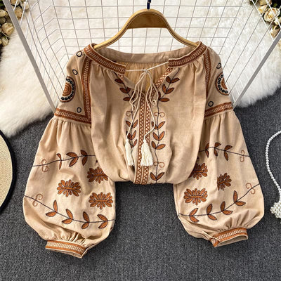 Olivenorma Bohemia Embroidered Lantern Sleeve Women's Shirt