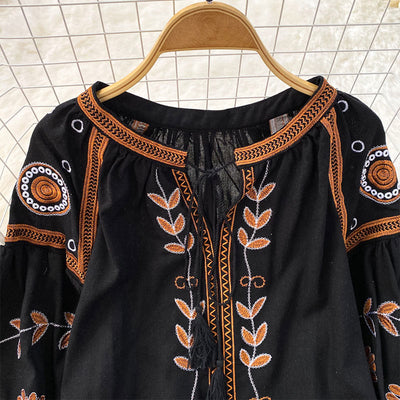 Olivenorma Bohemia Embroidered Lantern Sleeve Women's Shirt