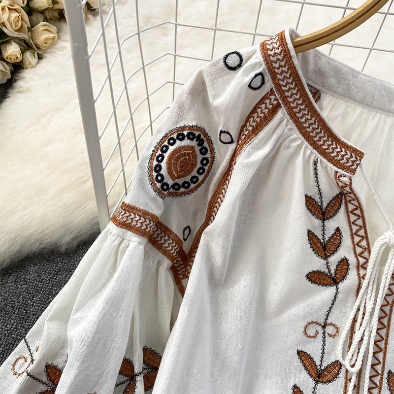 Olivenorma Bohemia Embroidered Lantern Sleeve Women's Shirt