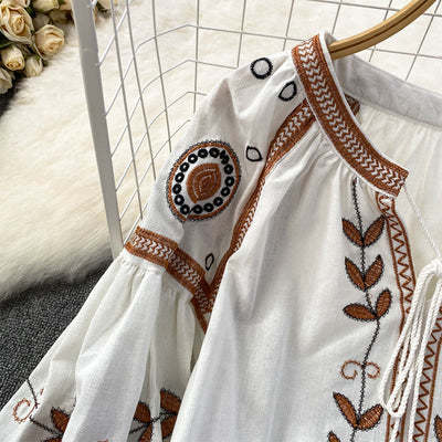 Olivenorma Bohemia Embroidered Lantern Sleeve Women's Shirt