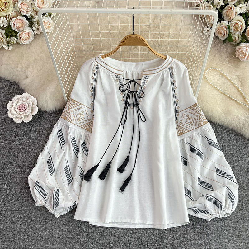 Olivenorma Geometric Totem Embroidery Lantern Sleeve Women's Shirt