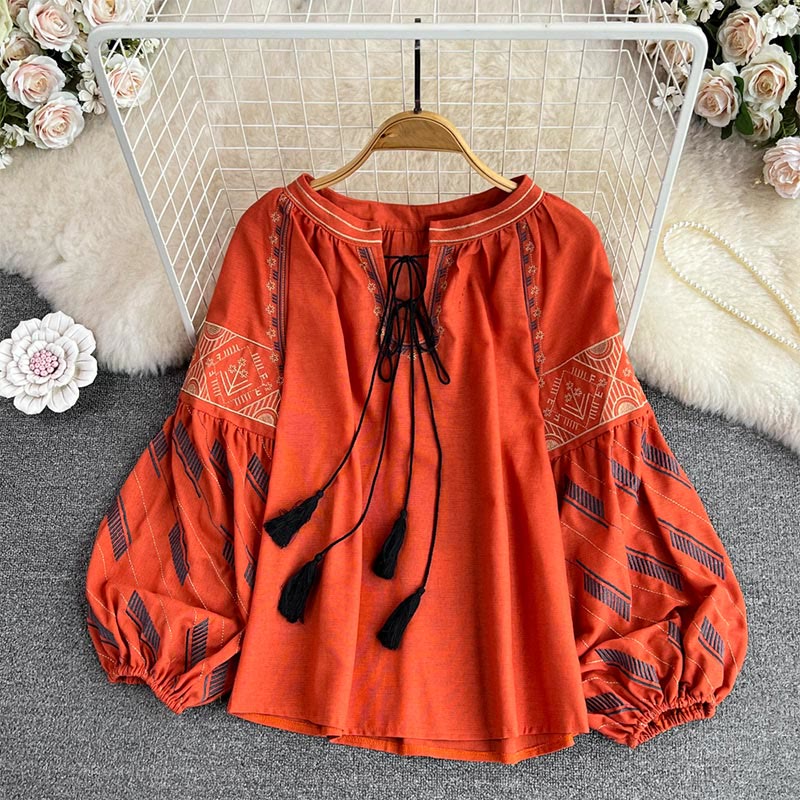 Olivenorma Geometric Totem Embroidery Lantern Sleeve Women's Shirt