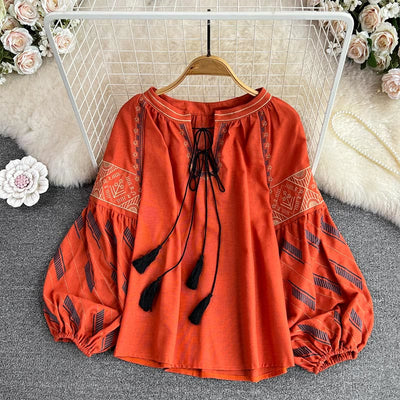 Olivenorma Geometric Totem Embroidery Lantern Sleeve Women's Shirt