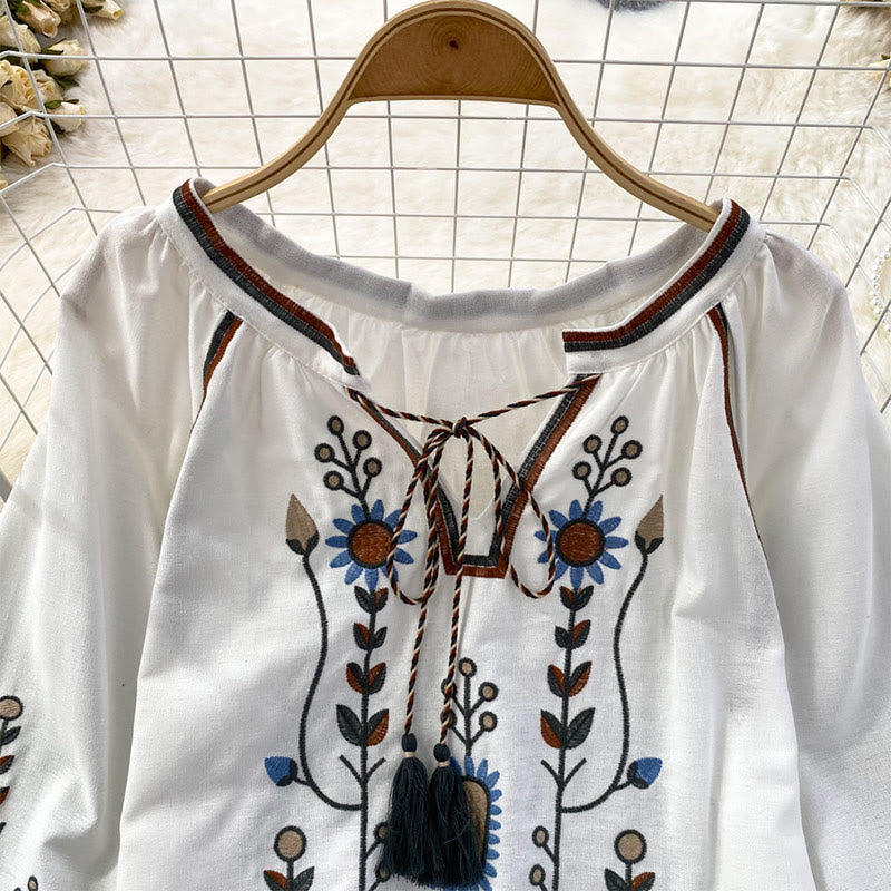 Olivenorma Pastoral Flower Embroidery Lantern Sleeve Women's Shirt