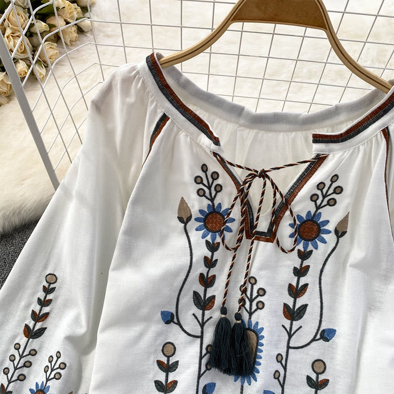 Olivenorma Pastoral Flower Embroidery Lantern Sleeve Women's Shirt