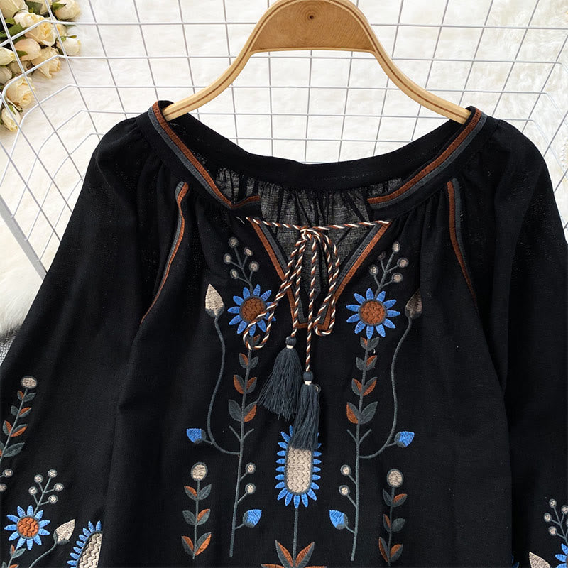 Olivenorma Pastoral Flower Embroidery Lantern Sleeve Women's Shirt