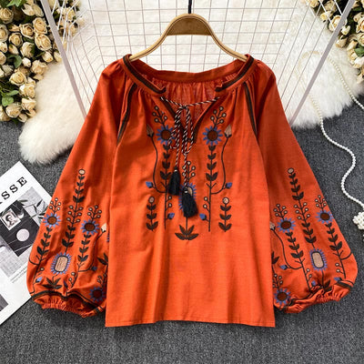 Olivenorma Pastoral Flower Embroidery Lantern Sleeve Women's Shirt