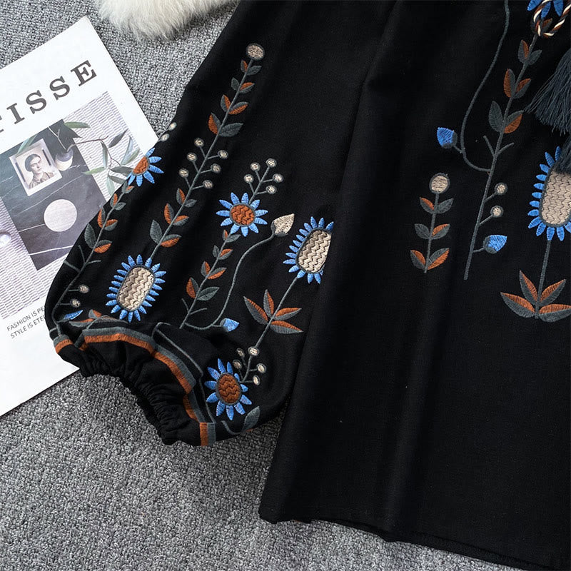 Olivenorma Pastoral Flower Embroidery Lantern Sleeve Women's Shirt