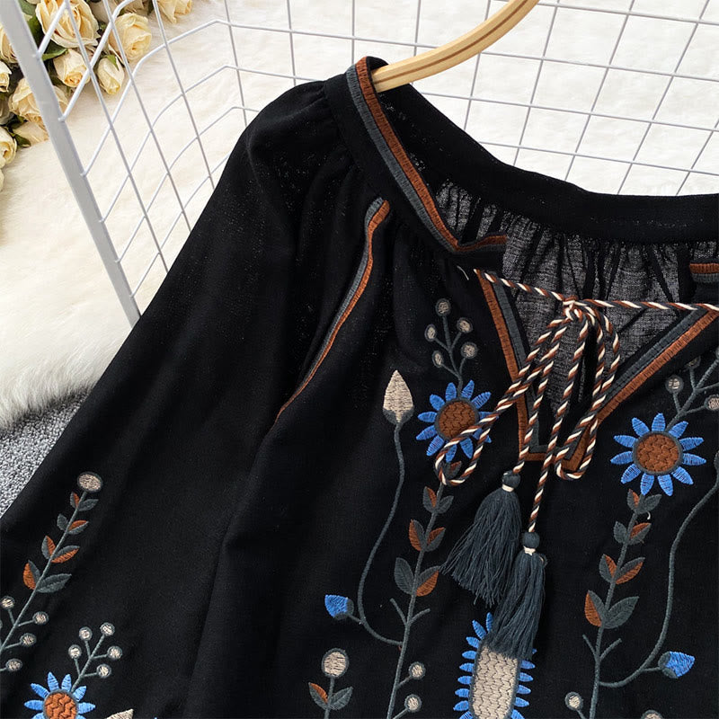 Olivenorma Pastoral Flower Embroidery Lantern Sleeve Women's Shirt
