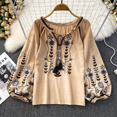 Olivenorma Pastoral Flower Embroidery Lantern Sleeve Women's Shirt