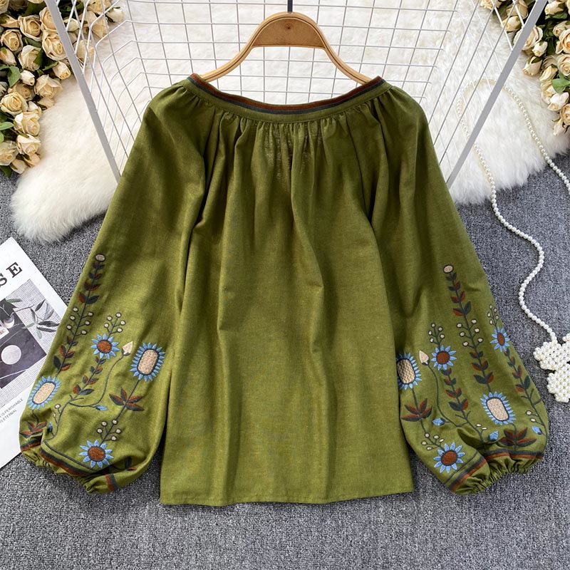 Olivenorma Pastoral Flower Embroidery Lantern Sleeve Women's Shirt