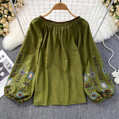 Olivenorma Pastoral Flower Embroidery Lantern Sleeve Women's Shirt