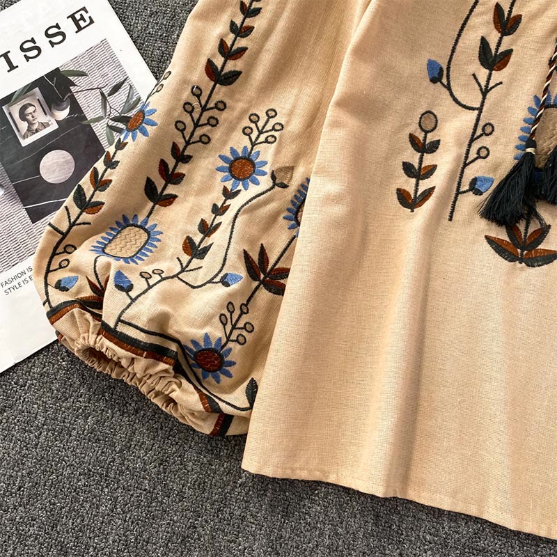 Olivenorma Pastoral Flower Embroidery Lantern Sleeve Women's Shirt