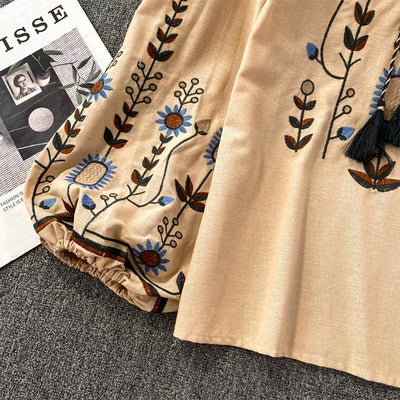 Olivenorma Pastoral Flower Embroidery Lantern Sleeve Women's Shirt
