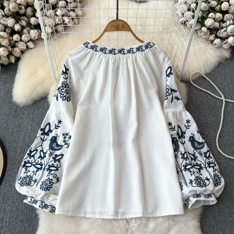 Olivenorma Flower Bird Embroidery Lantern Sleeve Women's Shirt