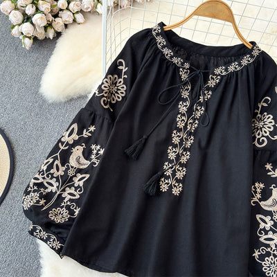 Olivenorma Flower Bird Embroidery Lantern Sleeve Women's Shirt