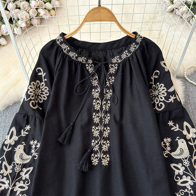 Olivenorma Flower Bird Embroidery Lantern Sleeve Women's Shirt