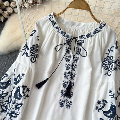 Olivenorma Flower Bird Embroidery Lantern Sleeve Women's Shirt