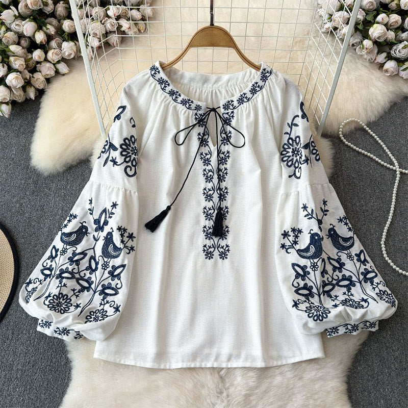 Olivenorma Flower Bird Embroidery Lantern Sleeve Women's Shirt