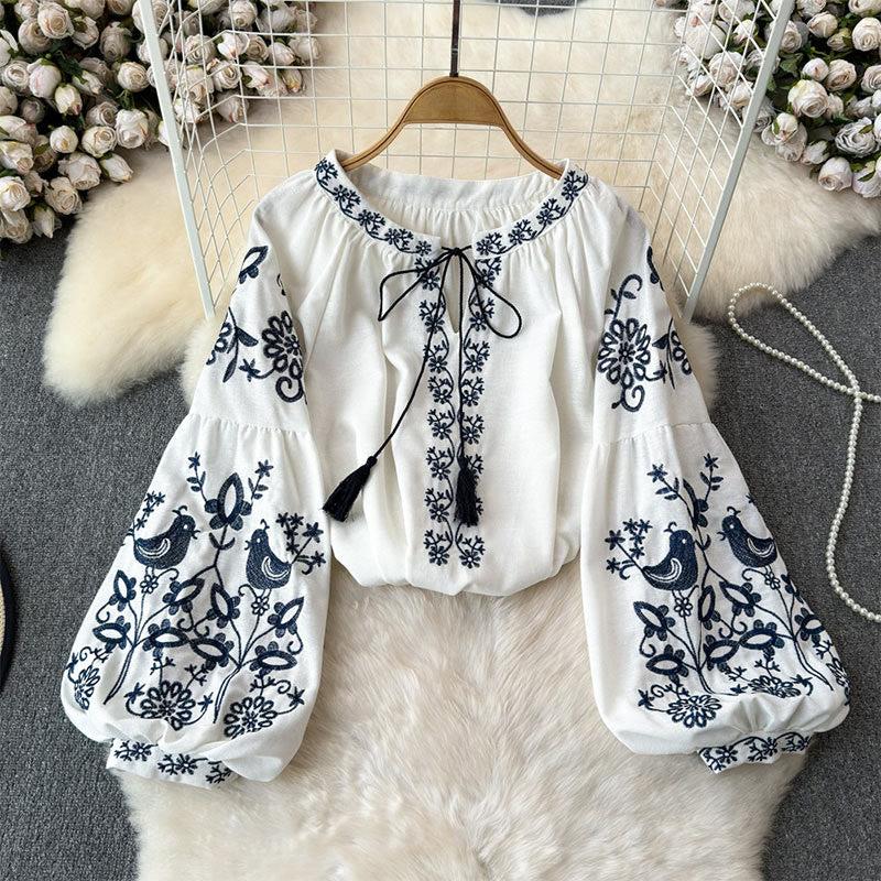 Olivenorma Flower Bird Embroidery Lantern Sleeve Women's Shirt