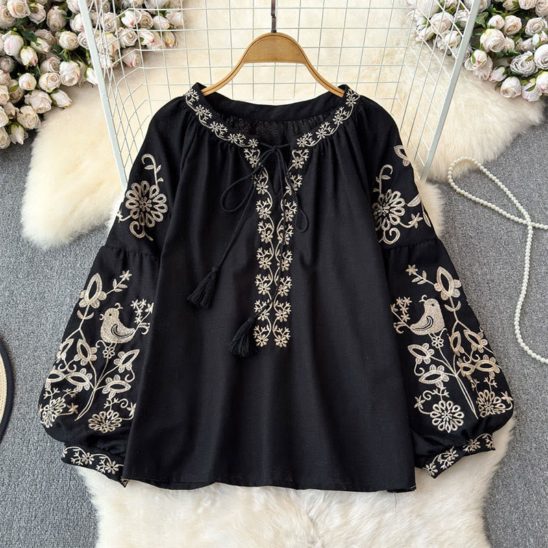 Olivenorma Flower Bird Embroidery Lantern Sleeve Women's Shirt