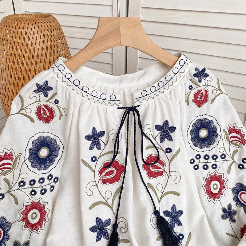 Olivenorma Sweet Retro Embroidery Lantern Sleeve Women's Shirt