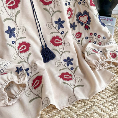Olivenorma Sweet Retro Embroidery Lantern Sleeve Women's Shirt