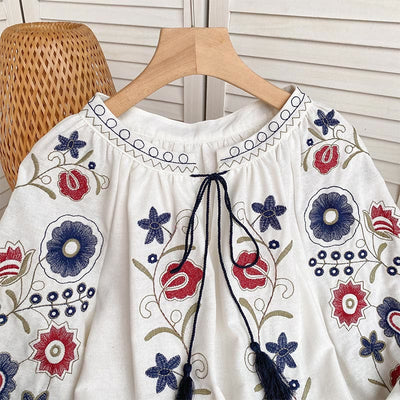 Olivenorma Sweet Retro Embroidery Lantern Sleeve Women's Shirt