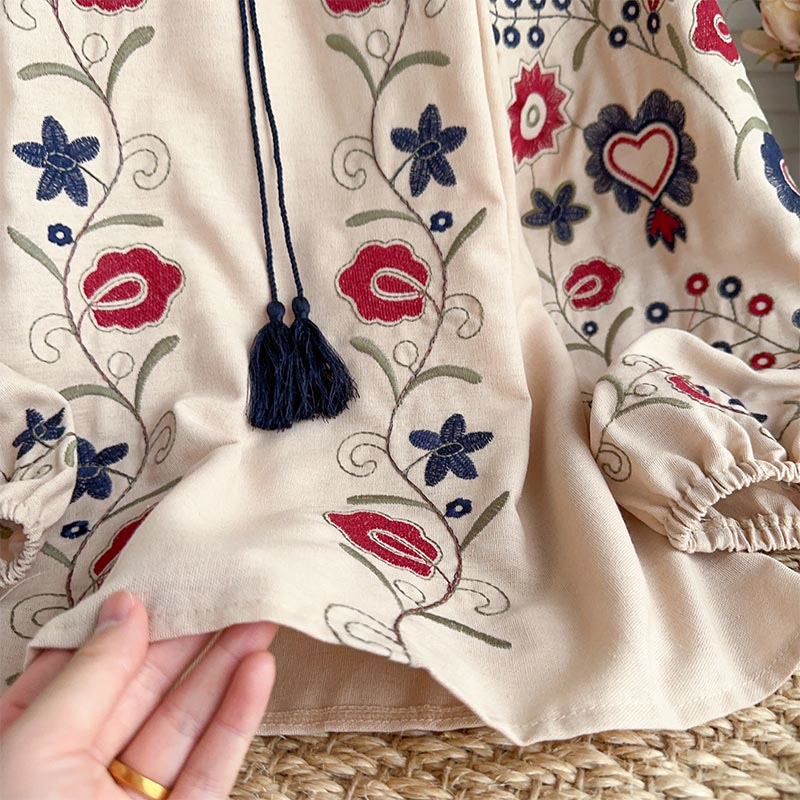 Olivenorma Sweet Retro Embroidery Lantern Sleeve Women's Shirt