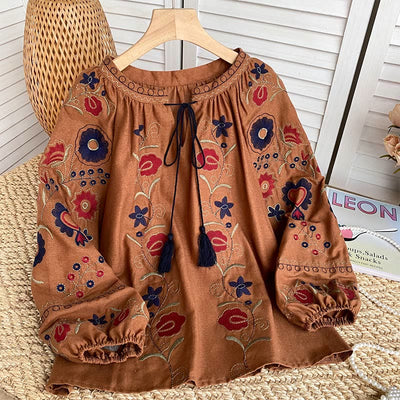 Olivenorma Sweet Retro Embroidery Lantern Sleeve Women's Shirt
