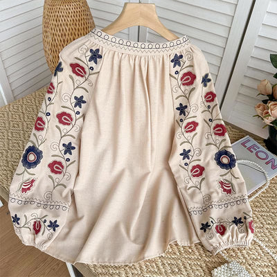 Olivenorma Sweet Retro Embroidery Lantern Sleeve Women's Shirt