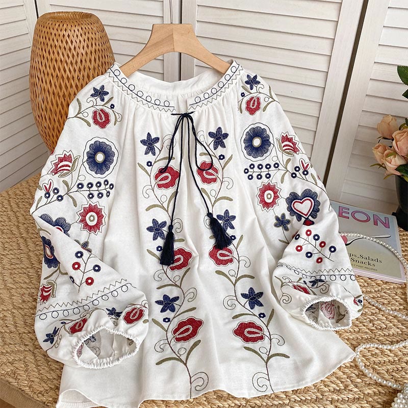 Olivenorma Sweet Retro Embroidery Lantern Sleeve Women's Shirt
