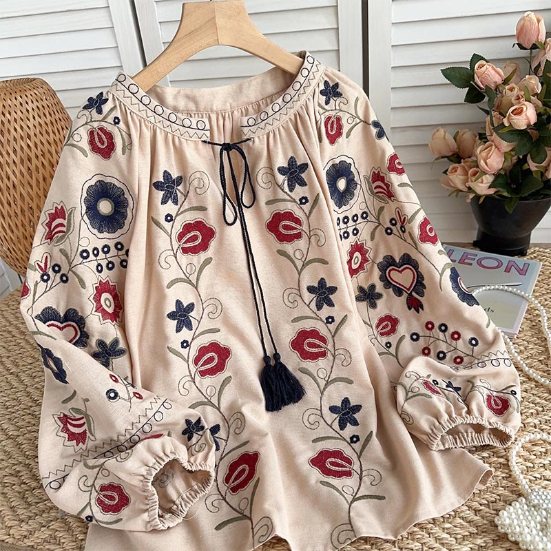 Olivenorma Sweet Retro Embroidery Lantern Sleeve Women's Shirt