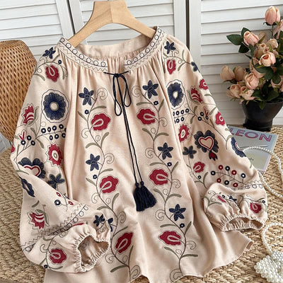 Olivenorma Sweet Retro Embroidery Lantern Sleeve Women's Shirt