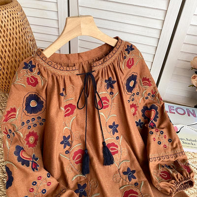 Olivenorma Sweet Retro Embroidery Lantern Sleeve Women's Shirt