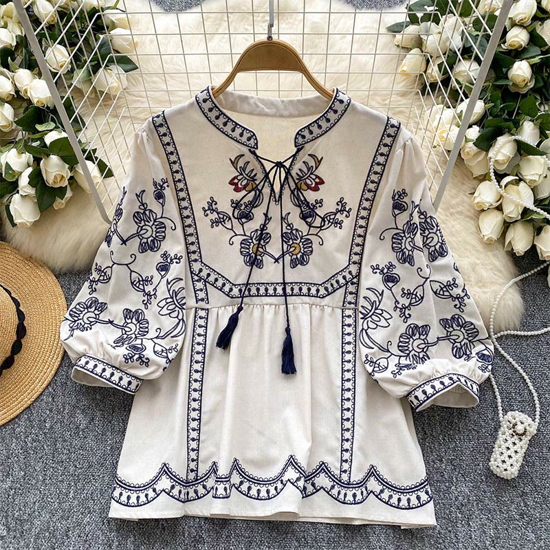 Olivenorma Boho Holiday Embroidery Lantern Sleeve Women's Shirt