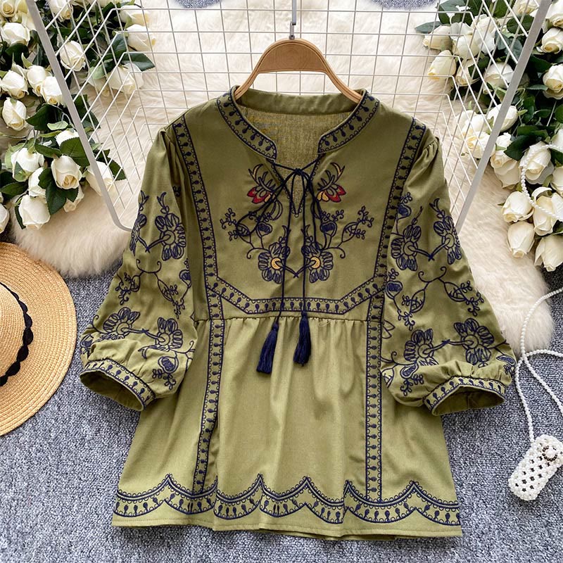 Olivenorma Boho Holiday Embroidery Lantern Sleeve Women's Shirt