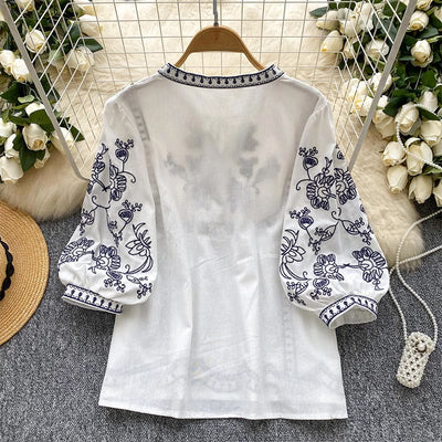 Olivenorma Boho Holiday Embroidery Lantern Sleeve Women's Shirt