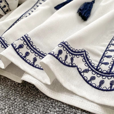 Olivenorma Boho Holiday Embroidery Lantern Sleeve Women's Shirt