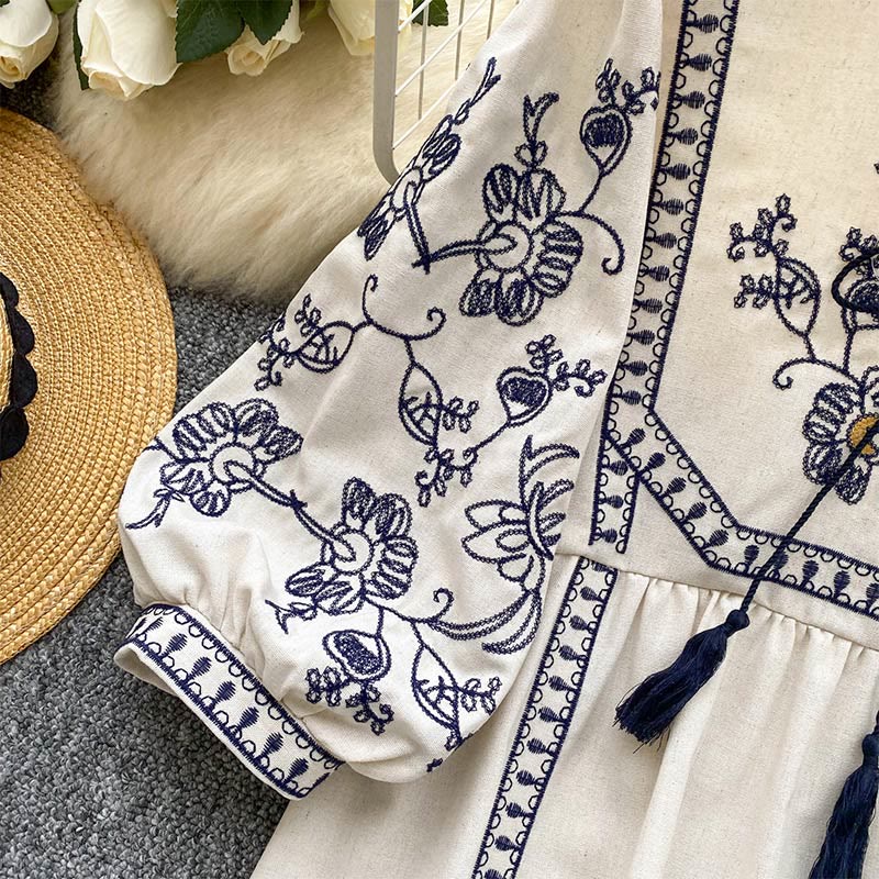 Olivenorma Boho Holiday Embroidery Lantern Sleeve Women's Shirt