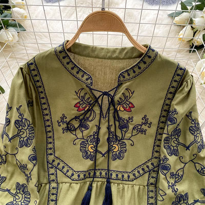 Olivenorma Boho Holiday Embroidery Lantern Sleeve Women's Shirt