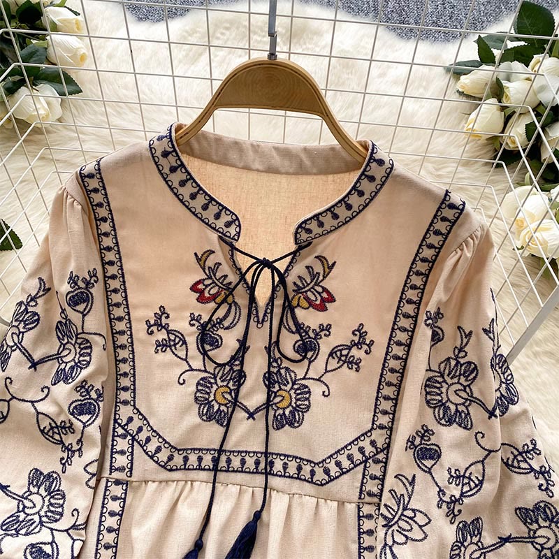 Olivenorma Boho Holiday Embroidery Lantern Sleeve Women's Shirt