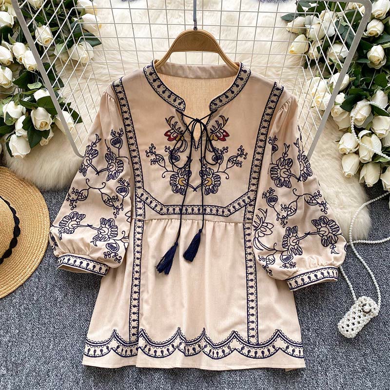 Olivenorma Boho Holiday Embroidery Lantern Sleeve Women's Shirt