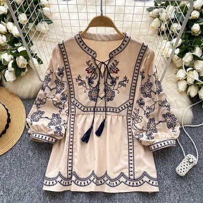 Olivenorma Boho Holiday Embroidery Lantern Sleeve Women's Shirt