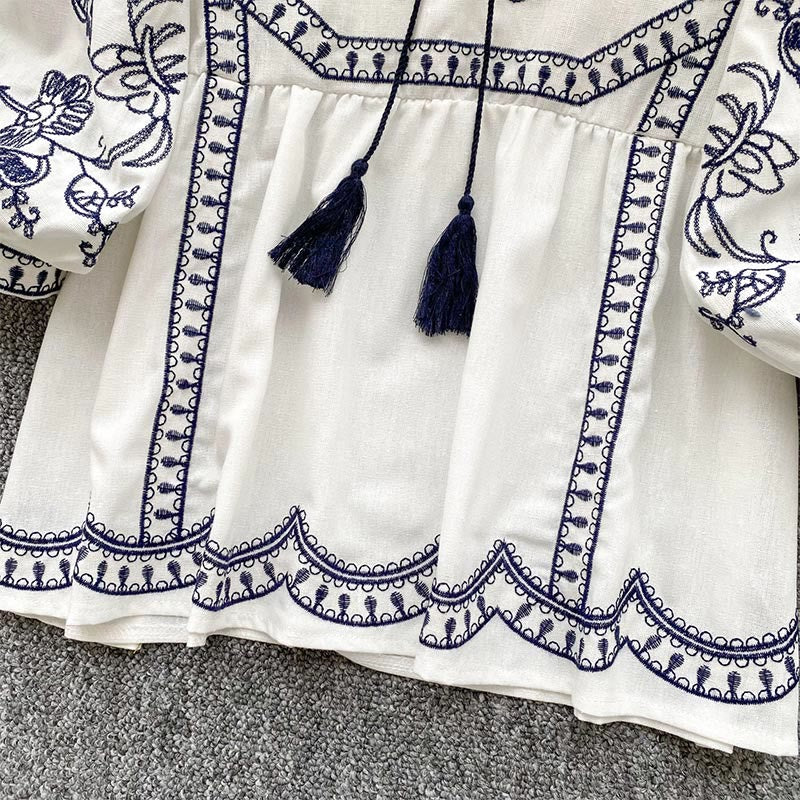 Olivenorma Boho Holiday Embroidery Lantern Sleeve Women's Shirt