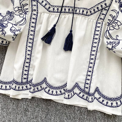 Olivenorma Boho Holiday Embroidery Lantern Sleeve Women's Shirt