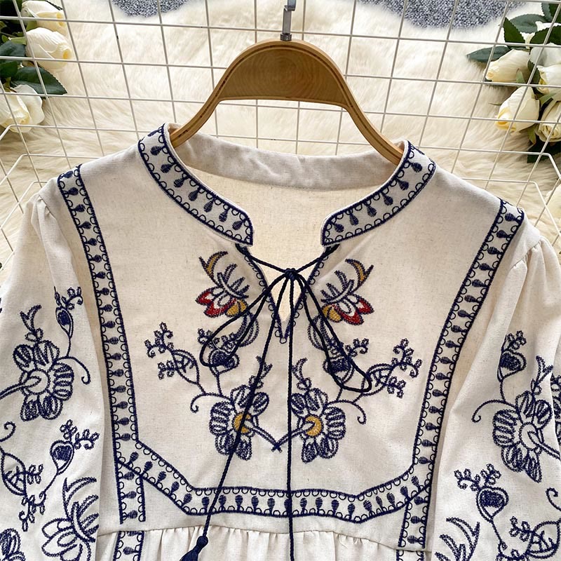 Olivenorma Boho Holiday Embroidery Lantern Sleeve Women's Shirt